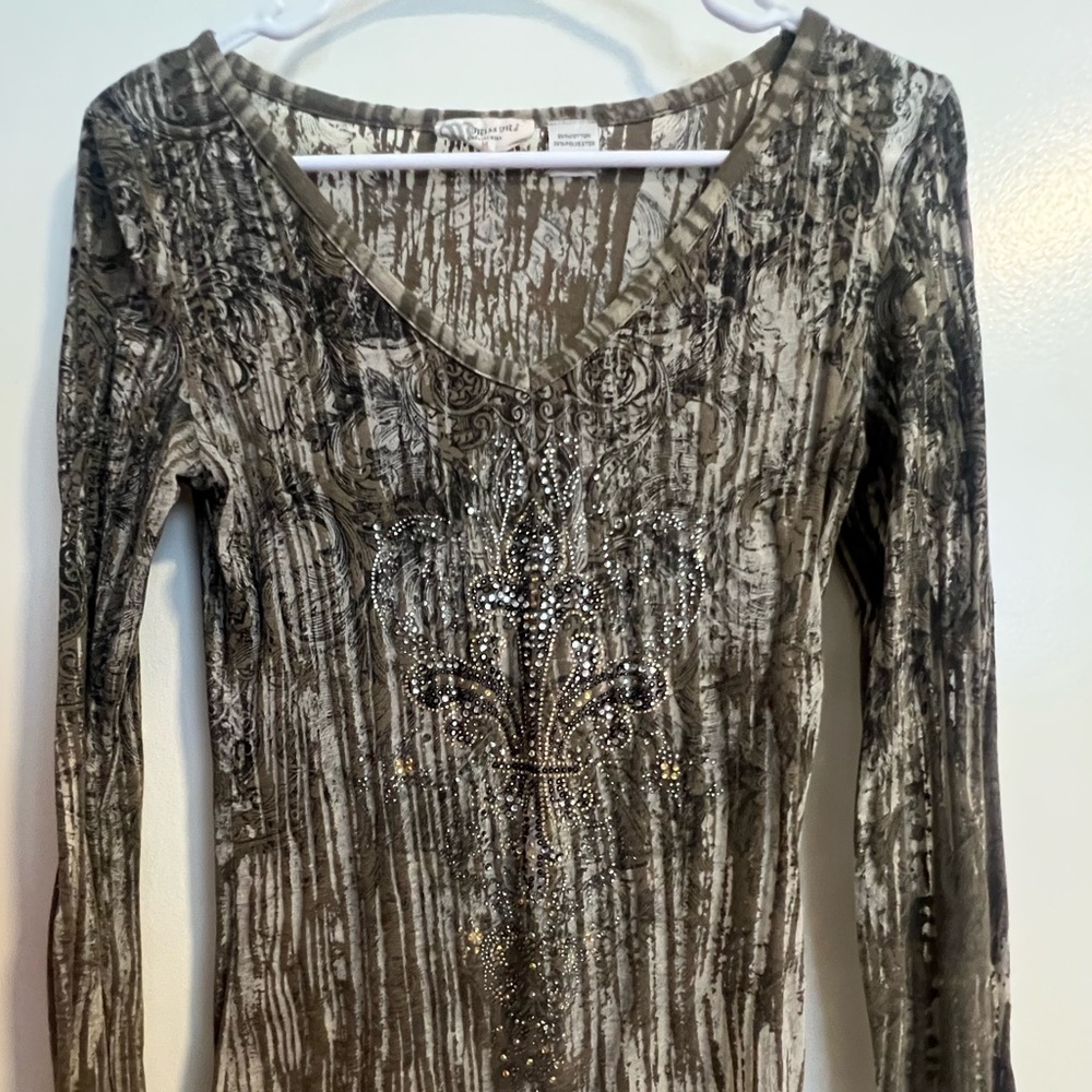 Y2K Miss Me Sheer Embellished V Neck Printed Long Sleeve Body Con